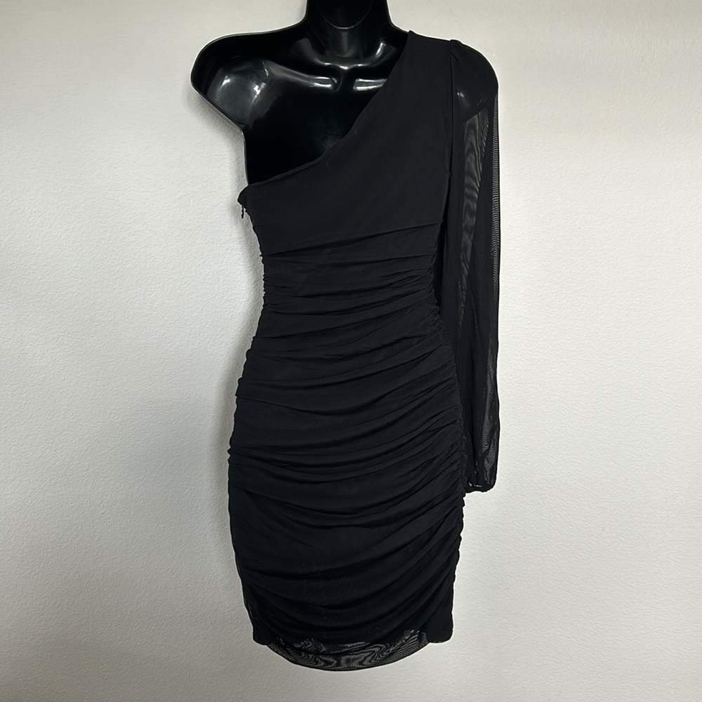Princess Polly Dante Long Sleeve One Shoulder Ruched Mini Dress Black - Picture 9 of 12